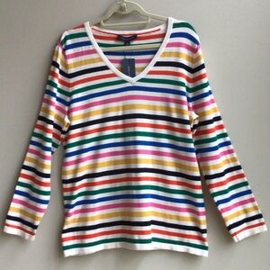 TH Vibrant Cotton Multi Colored Striped V-Neck Long Sleeve Sweater Classic Fun